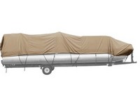 Boat-Cover-CSF-Model™Carver(r) 774xx series Styled-To Fit(tm) boat cover (for Pontoon with folded-down Hard Top and Rails that PARTIALLY Enclose Deck with 1-3 foot of Open Deck in front of Gate; O/B) provides a GUARANTEED Fit