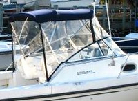 Boston Whaler® Conquest 23 Bimini-Visor-OEM-G1™ Factory Front VISOR Eisenglass Window Set (typ. 3 front panels, but 1 or 2 on some boats) zips between front of OEM Bimini-Top (not included) and Windshield (NO Side-Curtains, sold separately), OEM (Original Equipment Manufacturer)