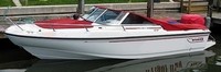 Photo of Boston Whaler Dauntless 17, 1997:, Bow Cover Cockpit Cover to Top of WindShield Jockey Red Sunbrella, viewed from Port Front 