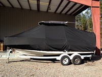 Boston Whaler® Dauntless 200 T-Top-Boat-Cover-Sunbrella-1399™ Custom fit TTopCover(tm) (Sunbrella(r) 9.25oz./sq.yd. solution dyed acrylic fabric) attaches beneath factory installed T-Top or Hard-Top to cover entire boat and motor(s)