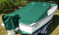 Photo of Boston Whaler Dauntless 20, 1998:, Bow Cover Cockpit Cover to Top of WindShield Forest Green Sunbrella, viewed from Starboard Rear 