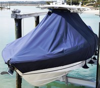 Photo of Boston Whaler Outrage 280 20xx TTopCover™ T-Top boat cover Sand Bags On Lift, viewed from Port Front 