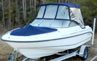 Photo of Boston Whaler Ventura 180, 2006: Bimini Top, Front Visor, Side Curtains, Bow Cover, viewed from Port Front 