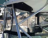 Photo of Century 3200WA Standard WindShield, 2006: Factory OEM Hard-Top, Front Connector, Side Curtains, Aft-Drop-Curtain close up, viewed from Starboard Front 