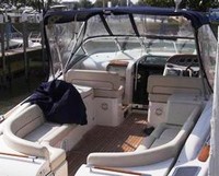 Photo of Chris Craft Corsair 36 Arch, 2007: Bimini Top, Front Connector, Side Curtains, Inside, viewed from Starboard Rear 