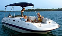 Photo of Ebbtide 2100 SS Fun Cruiser Low Profile WindShield, 2015: Bimini Top, viewed from Starboard Front Ebbtide (Factory OEM website photo) 