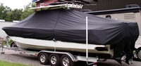 Everglades® 350CC T-Top-Boat-Cover-Wmax-2649™ Custom fit TTopCover(tm) (WeatherMAX(tm) 8oz./sq.yd. solution dyed polyester fabric) attaches beneath factory installed T-Top or Hard-Top to cover entire boat and motor(s)