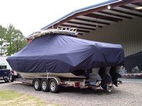 Everglades® 355CC T-Top-Boat-Cover-Wmax-2649™ Custom fit TTopCover(tm) (WeatherMAX(tm) 8oz./sq.yd. solution dyed polyester fabric) attaches beneath factory installed T-Top or Hard-Top to cover entire boat and motor(s)