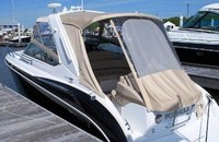 Photo of Formula 370 SS Aluminum WindShield, 2014: Bimini Top, Connector, Side Curtains, Camper Top, Camper Side and Aft Curtains, viewed from Port Rear 