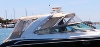 Photo of Formula 370 SS Stainless WindShield, 2012: Bimini Top, Front Connector, Side Curtains, Camper Top, Camper Side and Aft Curtains, viewed from Starboard Front 