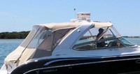 Photo of Formula 370 SS Stainless WindShield, 2012: Bimini Top, Front Connector, Side Curtains, Camper Top, Camper Side and Aft Curtains, viewed from Starboard Rear 