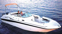 Photo of Godfrey Hurricane Sundeck 260, 2003: Bimini Top in Boot (Factory OEM website photo), viewed from Starboard Front 