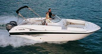 Photo of Godfrey Hurricane Sundeck 260, 2004: Bimini Top in Boot (Factory OEM website photo), viewed from Starboard Side 
