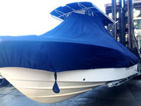 Grady White® Advance 257 T-Top-Boat-Cover-Sunbrella-1849™ Custom fit TTopCover(tm) (Sunbrella(r) 9.25oz./sq.yd. solution dyed acrylic fabric) attaches beneath factory installed T-Top or Hard-Top to cover entire boat and motor(s)