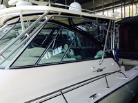 Photo of Grady White Express 360, 2006: Hard-Top, Visor, Side Curtains, Aft-Drop-Curtain Navy Sunbrella, viewed from Port Front 