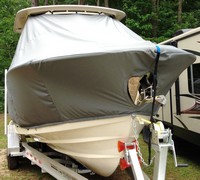 Grady White® Freedom 275 T-Top-Boat-Cover-Sunbrella-2849™ Custom fit TTopCover(tm) (Sunbrella(r) 9.25oz./sq.yd. solution dyed acrylic fabric) attaches beneath factory installed T-Top or Hard-Top to cover entire boat and motor(s)