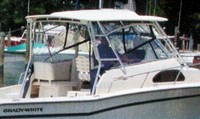 Photo of Grady White Marlin 300, 2002: Hard-Top, Front Visor, Side Curtains (Factory OEM website photo), viewed from Starboard Rear 
