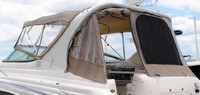 Photo of Larson Cabrio 370 Mid Cabin, 2009: Bimini Top, Front Connector, Side Curtains, Aft Curtain Linen Tweed Sunbrella, viewed from Port Rear 