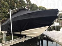 TTopCover™ Mako, 284CC HIGH Bow Rails, 20xx, T-Top Boat Cover, On Lift, stbd front