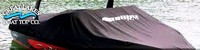 Photo of Malibu all Boats 19xx Factory OEM Mooring-Cover with Embroidered Malibu Logo, viewed from Starboard Front 