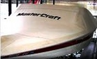 Photo of MasterCraft all SKI Boats 19xx Mooring-Cover with Embroidered Mastercraft Logo, viewed from Port Front 