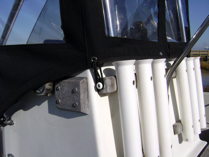 Montauk-T-Topless&trade; Spray-Shield and Gull-Wings Bungee Balled to Montauk 17's Front Rod Holders Picture