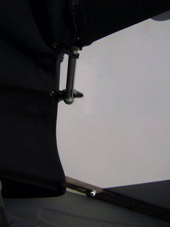 Montauk-T-Topless&trade; Spray-Shield and Gull-Wings Bungee Balled to Bottom of Montauk 17's Console Picture