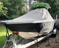 NauticStar® 231 Coastal T-Top-Boat-Cover-Sunbrella-1499™ Custom fit TTopCover(tm) (Sunbrella(r) 9.25oz./sq.yd. solution dyed acrylic fabric) attaches beneath factory installed T-Top or Hard-Top to cover entire boat and motor(s)