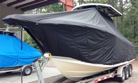 ProLine® 29 Grand Sport T-Top-Boat-Cover-Sunbrella-2449™ Custom fit TTopCover(tm) (Sunbrella(r) 9.25oz./sq.yd. solution dyed acrylic fabric) attaches beneath factory installed T-Top or Hard-Top to cover entire boat and motor(s)