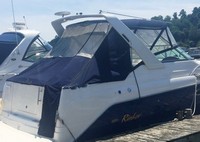 Rinker® 270 Express Cruiser Bimini-Aft-Curtain-OEM-T5™ Factory Bimini AFT CURTAIN with Eisenglass window(s) for Bimini-Top (not included) angles back to Transom area (not vertical), OEM (Original Equipment Manufacturer)