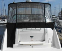 Rinker® 330 Express Cruiser Camper-Top-Aft-Curtain-OEM-T6™ Factory Camper AFT CURTAIN with clear Eisenglass windows zips to back of OEM Camper Top and Side Curtains (not included) and connects to Transom, OEM (Original Equipment Manufacturer)