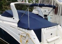 Rinker® 350 Express Cruiser Camper-Top-Aft-Curtain-OEM-T4.5™ Factory Camper AFT CURTAIN with clear Eisenglass windows zips to back of OEM Camper Top and Side Curtains (not included) and connects to Transom, OEM (Original Equipment Manufacturer)