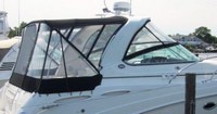 Rinker® 350 Express Cruiser Camper-Top-Aft-Curtain-OEM-T4.5™ Factory Camper AFT CURTAIN with clear Eisenglass windows zips to back of OEM Camper Top and Side Curtains (not included) and connects to Transom, OEM (Original Equipment Manufacturer)