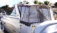 Rinker® 360 Express Cruiser Bimini Bimini-Connector-OEM-T5™ Factory Front BIMINI CONNECTOR Eisenglass Window Set (also called Windscreen, typically 3 front panels, but 1 or 2 on some boats) zips between Bimini-Top (not included) and Windshield. (NO Bimini-Top OR Side-Curtains, sold separately), OEM (Original Equipment Manufacturer)