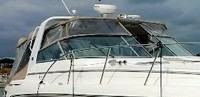 Photo of Rinker 420 Express Cruiser Canvas Tops, 2007: Bimini Top, Connector, Side Curtains, Camper Top, Camper Side Curtains, viewed from Starboard Front 