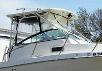 Photo of Robalo 235WA, 2005: Hard-Top, Front Connector, Side Curtains, Aft-Drop-Curtain, viewed from Starboard Front 