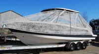 Photo of Robalo R317 20xx T-Top Boat-Cover rendition under factory Hard-Top, viewed from Port Front 