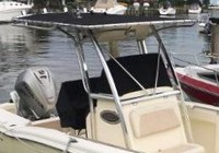 Photo of Scout 235 Sportfish Canvas T-Top, 2005: Factory T-Top Console-Cover with T-Top Leaning Post Cover, viewed from Starboard Front 