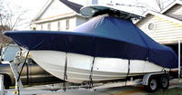 Sea Fox® 256CC T-Top-Boat-Cover-Sunbrella-1849™ Custom fit TTopCover(tm) (Sunbrella(r) 9.25oz./sq.yd. solution dyed acrylic fabric) attaches beneath factory installed T-Top or Hard-Top to cover entire boat and motor(s)