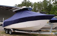 Sea Fox® 256CC T-Top-Boat-Cover-Sunbrella-1849™ Custom fit TTopCover(tm) (Sunbrella(r) 9.25oz./sq.yd. solution dyed acrylic fabric) attaches beneath factory installed T-Top or Hard-Top to cover entire boat and motor(s)
