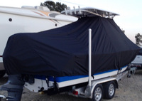 Sea Hunt® Ultra 225 T-Top-Boat-Cover-Sunbrella-1399™ Custom fit TTopCover(tm) (Sunbrella(r) 9.25oz./sq.yd. solution dyed acrylic fabric) attaches beneath factory installed T-Top or Hard-Top to cover entire boat and motor(s)
