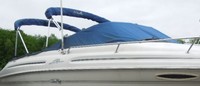 Sea Ray® 215 Express Cruiser Bimini-Top-Canvas-Frame-Zippered-Seamark-OEM-G0™ Factory BIMINI-TOP CANVAS on FRAME with Zippers for OEM front Visor and Curtains (not included) with Mounting Hardware (no boot cover) (this Bimini-Top may have been SeaMark(r) vinyl-lined Sunbrella(r) prior to 2008 through 2018, now they are Sunbrella(r) to avoid mold issues), OEM (Original Equipment Manufacturer)