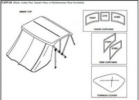 Sea Ray® 220 Select No Tower Bimini-Visor-OEM-G2™ Factory Front VISOR Eisenglass Window Set (typ. 3 front panels, but 1 or 2 on some boats) zips between front of OEM Bimini-Top (not included) and Windshield (NO Side-Curtains, sold separately), OEM (Original Equipment Manufacturer)