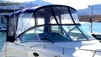 Sea Ray® 240 Sundancer Bimini-Top-Canvas-Frame-Zippered-Seamark-OEM-G1™ Factory BIMINI-TOP CANVAS on FRAME with Zippers for OEM front Visor and Curtains (not included) with Mounting Hardware (no boot cover) (this Bimini-Top may have been SeaMark(r) vinyl-lined Sunbrella(r) prior to 2008 through 2018, now they are Sunbrella(r) to avoid mold issues), OEM (Original Equipment Manufacturer)