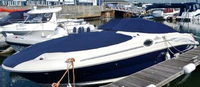 Photo of Sea Ray 240 Sundeck, 2005: Factory OEM Bimini Top in Boot, Cockpit Cover-, Bow Cover, viewed from Port Front 