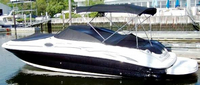 Sea Ray® 240 Sundeck Cockpit-Cover-Bimini-Cutouts-OEM-G3™ Factory Snap-On COCKPIT COVER with Cutouts (openings) for Bimini-Top (the Bimini-Top stands above the windshield) Frame (only), Adjustable Support Pole(s) and reinforced Snap(s) or Grommet(s) inside Cover for Tip of Pole(s), OEM (Original Equipment Manufacturer)
