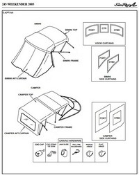 Photo of Sea Ray 245 Weekender, 2005: 1 parts manual Canvas drawing, Bimini Top, Bimini Visor, Bimini Side Curtains, Camper Top, Camper Side and Aft Curtains 