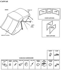 Sea Ray® 275 Sundancer No Arch Bimini-Top-Canvas-Zippered-Seamark-OEM-G2.6™ Factory Bimini Replacement CANVAS (NO frame) with Zippers for OEM front Visor and Curtains (Not included), OEM (Original Equipment Manufacturer)
