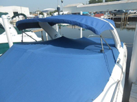 Sea Ray® 290 Sun Sport Arch Bimini-Top-Canvas-Frame-Zippered-Seamark-OEM-G1™ Factory BIMINI-TOP CANVAS on FRAME with Zippers for OEM front Visor and Curtains (not included) with Mounting Hardware (no boot cover) (this Bimini-Top may have been SeaMark(r) vinyl-lined Sunbrella(r) prior to 2008 through 2018, now they are Sunbrella(r) to avoid mold issues), OEM (Original Equipment Manufacturer)