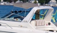 Sea Ray® 300 Sundancer Bimini-Top-Canvas-Frame-Zippered-Seamark-OEM-G1™ Factory BIMINI-TOP CANVAS on FRAME with Zippers for OEM front Visor and Curtains (not included) with Mounting Hardware (no boot cover) (this Bimini-Top may have been SeaMark(r) vinyl-lined Sunbrella(r) prior to 2008 through 2018, now they are Sunbrella(r) to avoid mold issues), OEM (Original Equipment Manufacturer)
